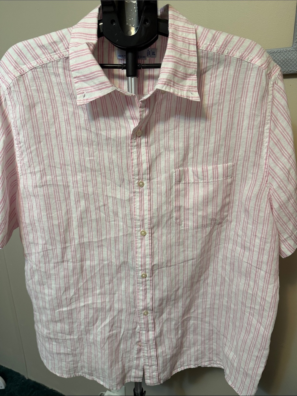 Southern Tide Men's 100% Linen Striped Short Sleeve Shirt XL - Coral Red